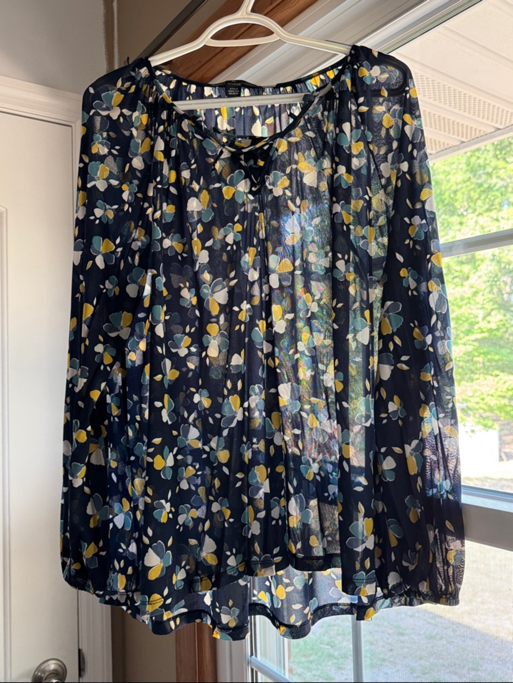 Style & Co. Navy Floral Sheer Blouse with Yellow and White Accents